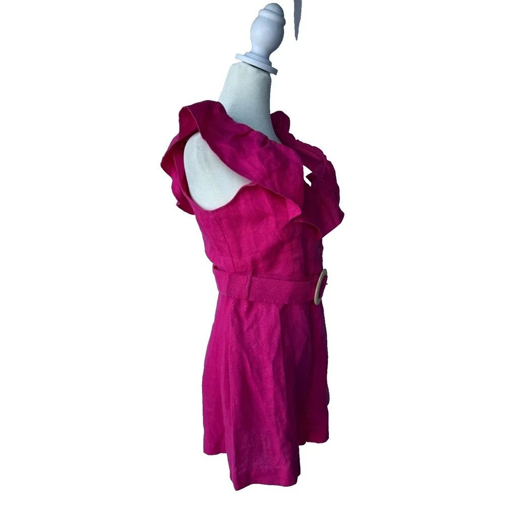 Mango MNG Pink Linen Ruffle‎ Romper S Tropical Vacation Barbiecore Boho Romantic